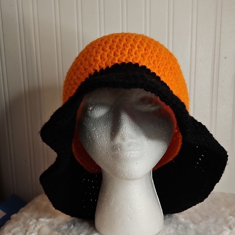 NEW Orange and Black Crochet Flat Bucket Hat